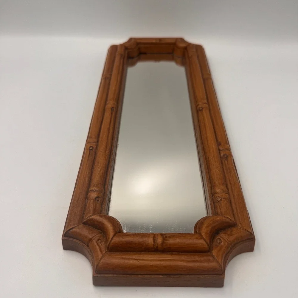 Vintage Hollywood Regency Faux Bamboo Wall Mirror Brown Chinoiserie 14x5.5 inch